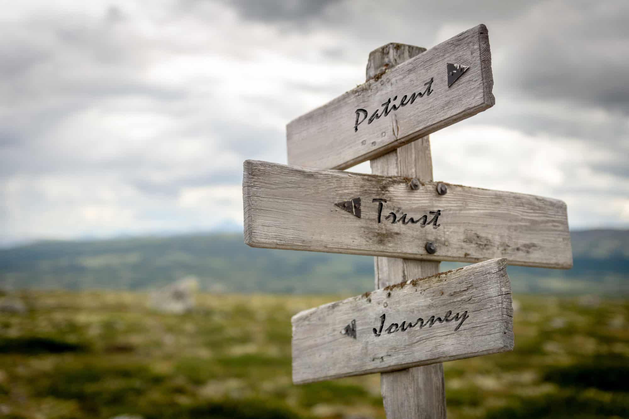 patient, trust and journey text on wooden signpost outdoors in nature.