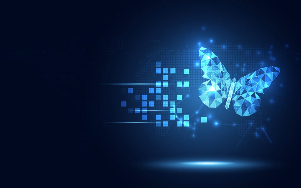 futuristic blue lowpoly butterfly abstract technology background. artificial intelligence digital transformation and big data concept. business quantum internet network communication evolution concept
