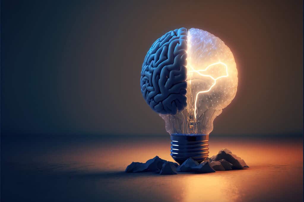 creative idea with brain and light bulb illustration, with generative ai technology