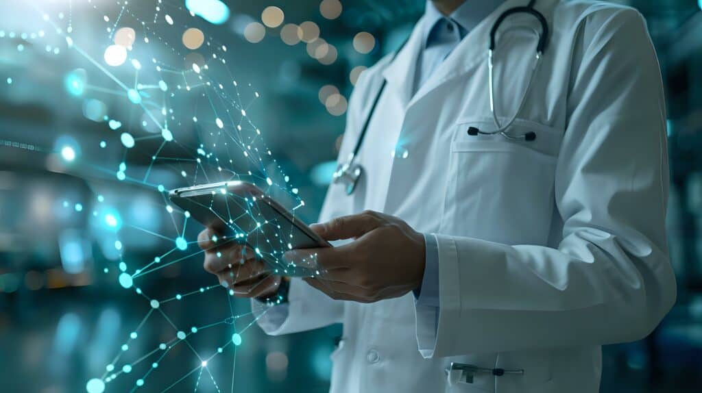 doctor using a tablet with abstract digital connections, symbolizing modern healthcare technology and innovation. ideal for medical tech, healthcare advancements, and digital health concepts.