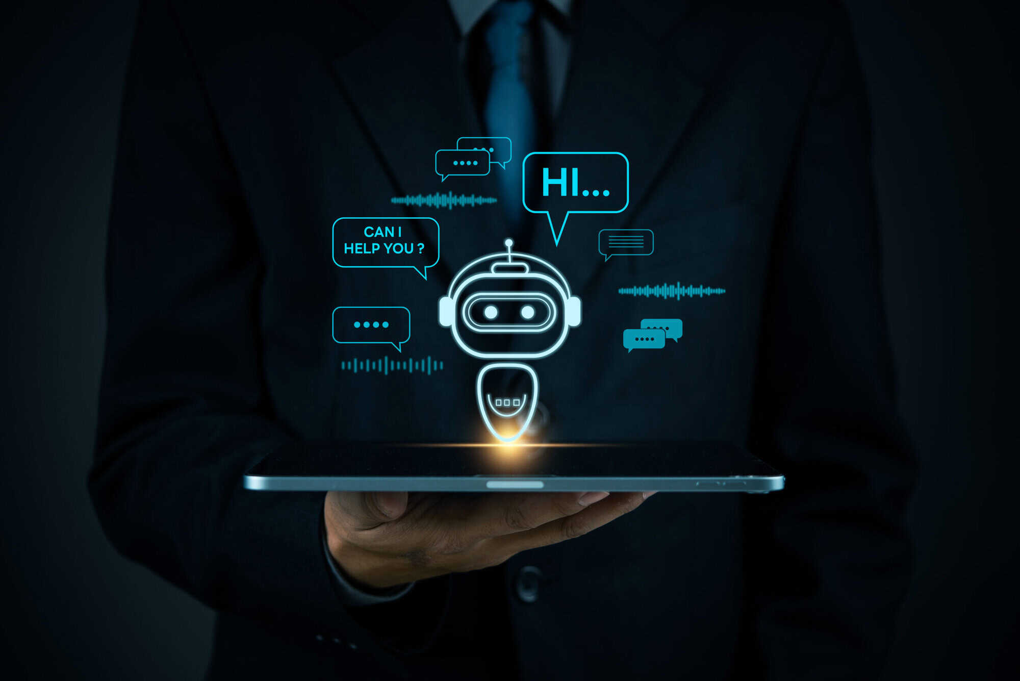 ai chatbot technology, virtual assistant for customer service, futuristic smart automation, ai powered chatbot on tablet, digital business support, artificial intelligence conversation bot.